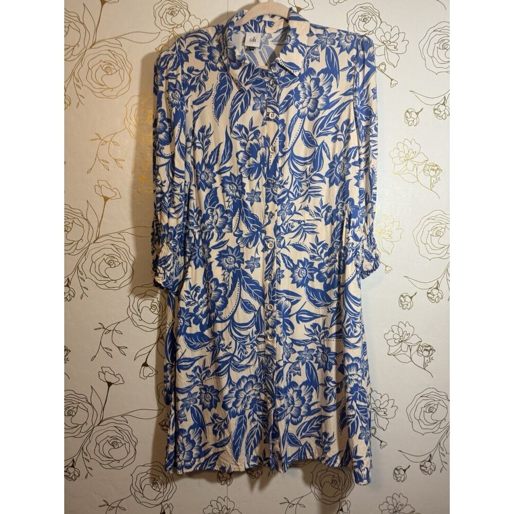 CAbi Blue and Cream Floral Dress